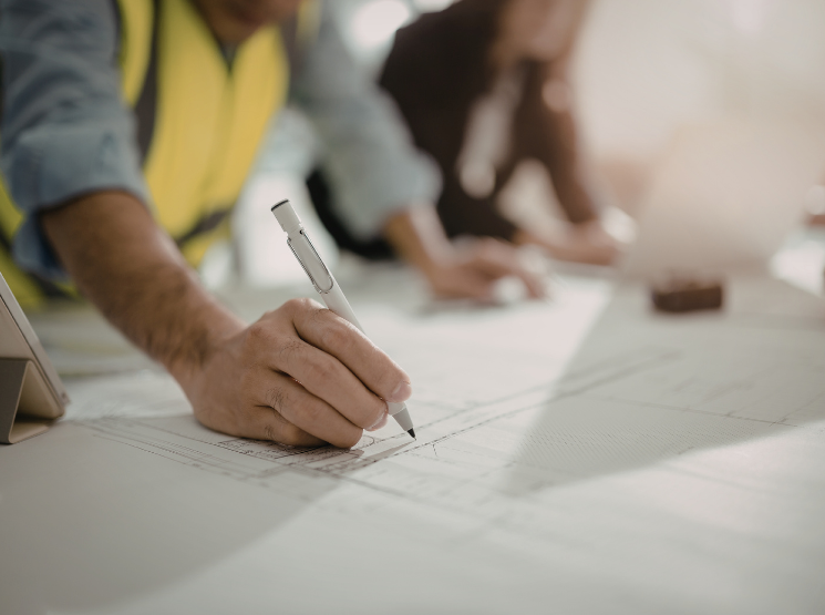 Engenheiro com colete refletivo analisando planta, especificação de mangueiras industriais