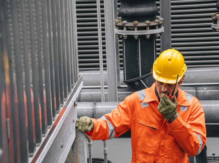 Operador industrial com capacete usando rádio, inspeção de mangueiras industriais em campo