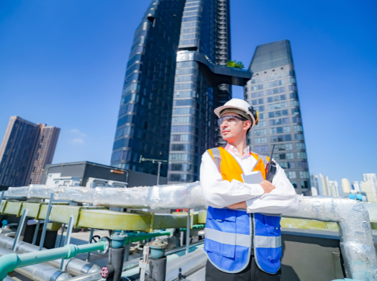 Técnico com capacete em cobertura de edifício, mangueira para manutenção predial em instalações
